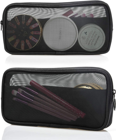 Mesh Travel Toiletry Bag, Transparent Standing Pouch, Portable Shaving Kits Organizer, Pack of 2 Sizes (S/M), Black