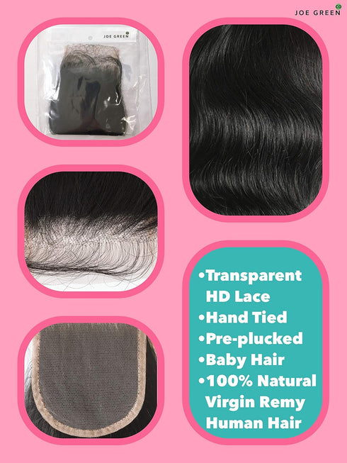 Joe Green 4x4 +1” HD Transparent Closure - 100% Virgin Remy Human Hair, Pre-Plucked Baby Hair, 10 Inch