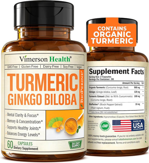 Turmeric Curcumin & Ginkgo Biloba Supplements with Bioperine - Vegan Joint Support with Organic Turmeric - 60 Capsules