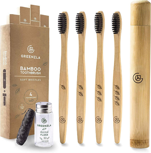 Greenzla Bamboo Toothbrushes, Wooden Toothbrush Set with Soft Bristles, Includes Travel Case