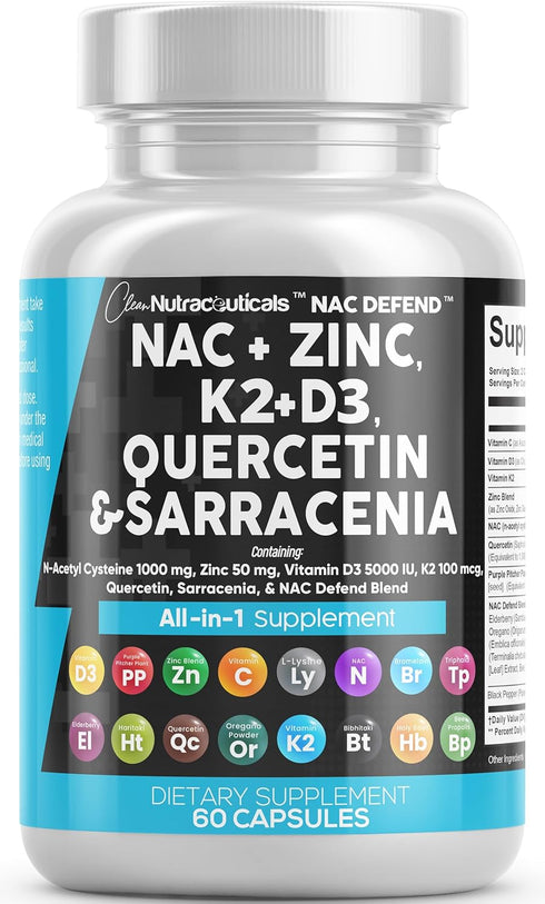 Clean Nutraceuticals NAC Supplement - N-Acetyl Cysteine 1000mg, Vitamin D3, K2 & More - 60 Count