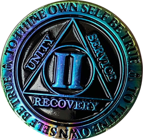 2 Year AA Medallion Reflex Rainbow Plated Black Sobriety Chip II