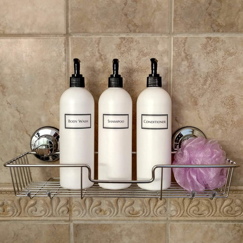 Silkscreened Empty Shower Bottle Set, 3-Pack, 16 oz Cosmo/Bullet, for Shampoo, Conditioner, Body Wash, White