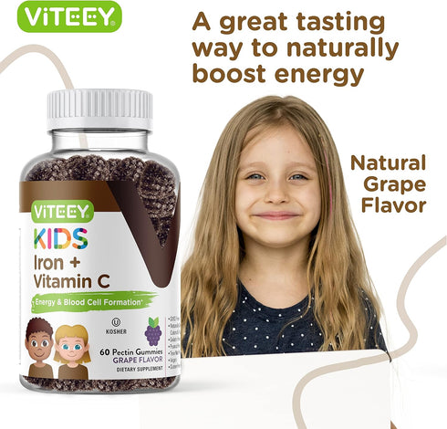 Iron Gummies for Kids with Vitamin C - Vegan, Gluten Free, Tasty Chewable Grape Flavored, Blood Builder