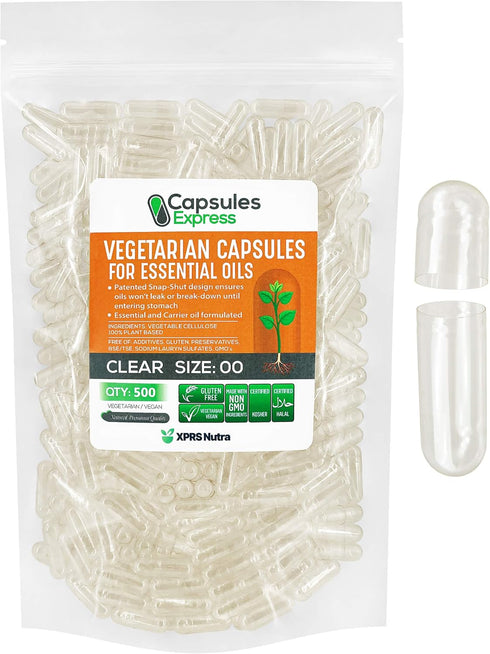 XPRS Nutra Size 00 Empty Vegan Capsules, 500 Count Clear Veggie Capsules for DIY Filling with Essential Oils