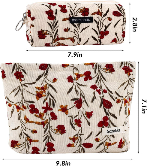 2Pcs Cute Floral Makeup Bag Set, Large Small Zipper Makeup Pouch for Women Girls, Aesthetic Portable Toiletry Bag (Red