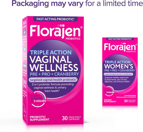 Immune 30-Count Florajen Womens Triple-Action Probiotic, Prebiotic + Probiotic + Cranberry for Vaginal, Digestive