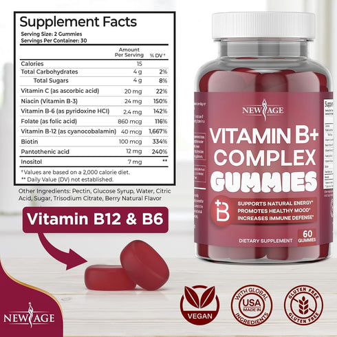 NEW AGE Vitamin B Complex Gummies with Vitamin B3, B5, B6, B7, B9 & B12 – with Biotin, Folic Acid & Vitamin C – Gluten-Free, Vegan, Made in The USA! (60 Count (Pack of 1))