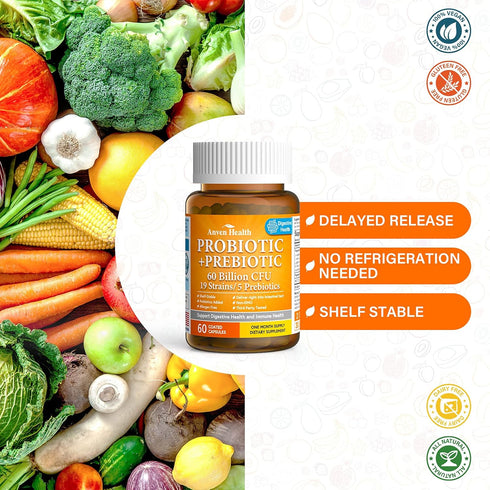 60 Billion Probiotics for Women and Men, 19 Strains, 5 Organic Prebiotics for Gut Digestive & Immune Health, Vegan