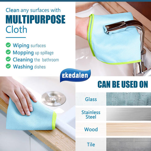 Streak Free Miracle Cleaning Cloth, 12'' x 16'', Pack of 8, Microfiber Window, Mirror, Glass, Lint Free
