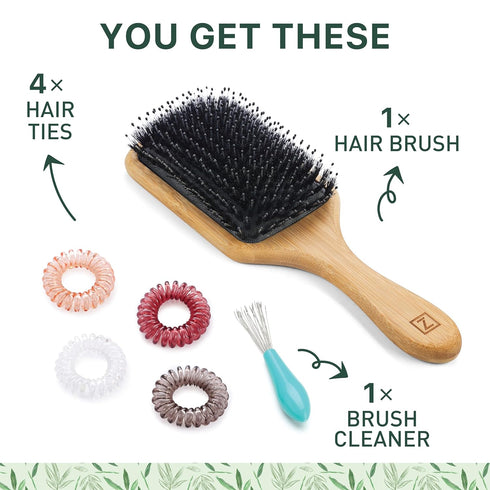 Natural Boar Bristle Hair Brush for Women, Men, Kids; Detangling Paddle Brush for Fine and Curly Hair