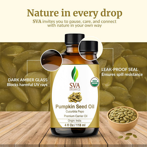 SVA Organic Pumpkin Seed Oil - 4 Fl Oz - 100% Natural Cold Pressed Pumpkin Oil for Face, Skin Care, Hair Care, Body