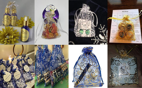 100pcs Sheer Organza Favor Bags for Wedding Baby Shower - Rattan Print Gift Bags, Drawstring Pouches (3.5x4.5 inch,
