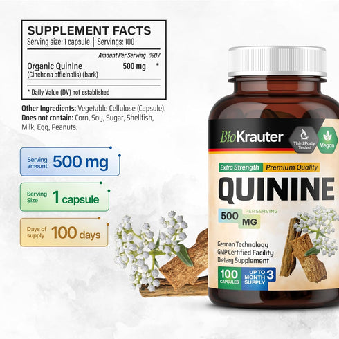 BIO KRAUTER Quinine for Leg Cramps Capsules, 500 mg - 100 Count - Vegan, No Fillers