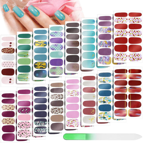 Maitys 224 Pieces Nail Wraps Polish Stickers, 16 Sheets Self-Adhesive Decals with File Manicure Kit for Women DIY Art