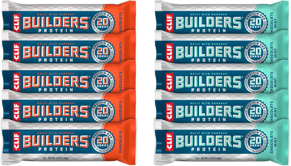 CLIF Builders Variety Pack - Chocolate Mint and Chocolate Flavor Plant Based Protein Bars, Gluten Free, 20g Protein