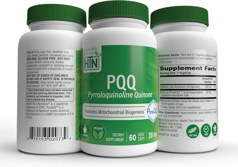 Health Thru Nutrition PQQ 20mg, 60 Servings, PureQQ Supplement for Mitochondrial Biogenesis, Vegan