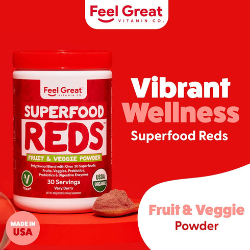 Feel Great Organic Superfood Reds Powder with Beet Root Powder, Digestive Support and Bloating Relief