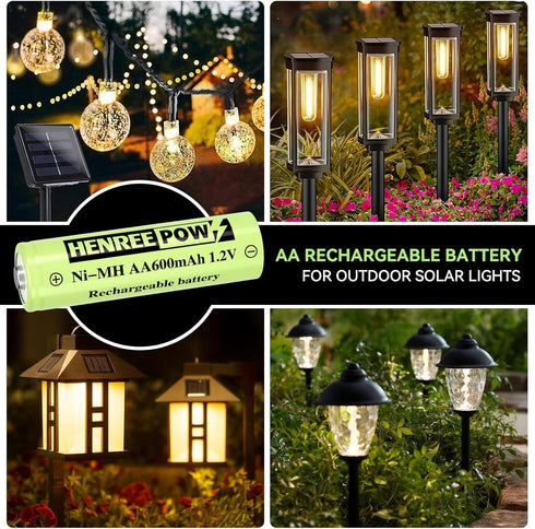 Henreepow 12-Pack Rechargeable AA Solar Batteries Ni-Mh 1.2v 600mAh Pre-Charged Double A Battery for Outdoor Solar Garden Landscape Lights