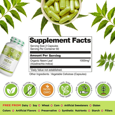 Organic Veda Neem Capsules, 1000mg - Ayurvedic India Neem Leaf Powder Herbal Supplement - 120 Veggie Capsules for Skin,