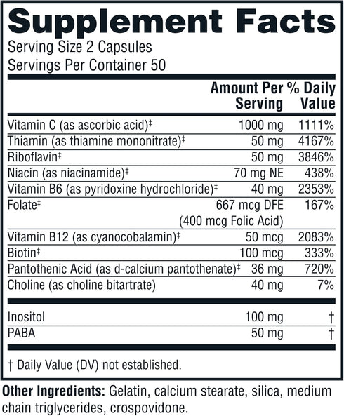 Twinlab Stress B-Complex Caps - Complete B-Complex & 1000 mg Vitamin C - Energy Support Supplement with Vitamin B12 and B6-100 Capsules (Pack of 2)