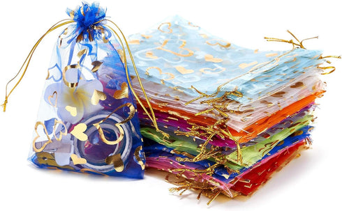 Volanic 100PCS 4X6 Inch Sheer Heart Organza Bags with Drawstring for Party Wedding Favor Gift Bag, 10 Colors Mix