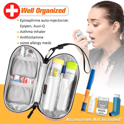 SITHON Insulated EpiPen Medical Carrying Case, Travel Medication Organizer Bag for 2 EpiPens, Asthma Inhaler, Pink