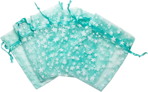 100-Pack 3x4 Sheer Organza Drawstring Gift Bags (Small), Metallic Stars (Teal/White) for Wedding Party Favors