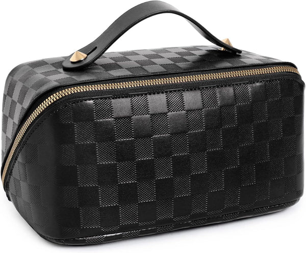Large Capacity Checkered Makeup Bags - Portable Travel Cosmetic Bags with Divider and Handle Pouch (A-Black)