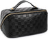 Large Capacity Checkered Makeup Bags - Portable Travel Cosmetic Bags with Divider and Handle Pouch (A-Black)