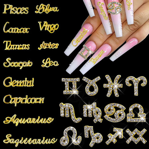 JERCLITY 24 Pieces Gold Alloy Zodiac Nail Charms, 12pcs Zodiac Signs Nail Studs, 12pcs Constellation Words Nail Charms