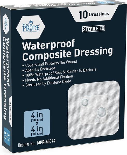 MED PRIDE Sterile Waterproof Foam Composite Dressing Pads, 4x4 Inch (Pack of 10) for Shower, Surgery, Pressure Ulcers,