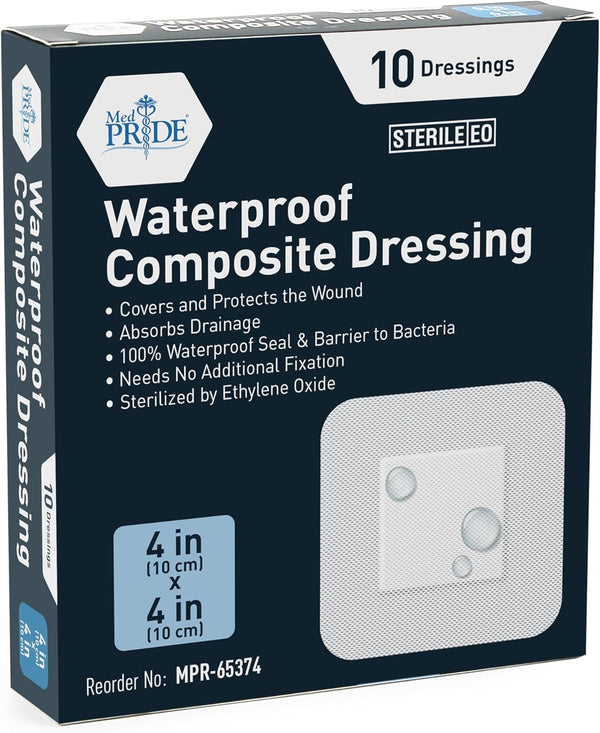 MED PRIDE Sterile Waterproof Foam Composite Dressing Pads, 4x4 Inch (Pack of 10) for Shower, Surgery, Pressure Ulcers,