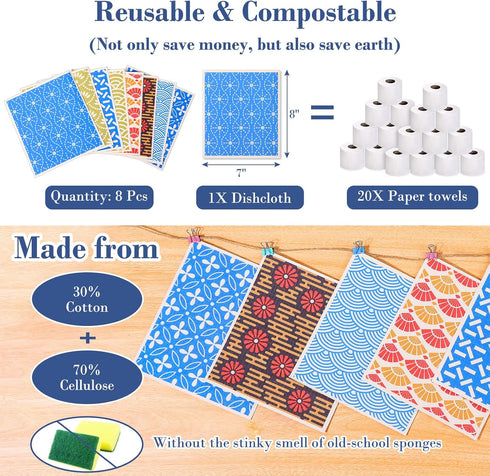 8 Pack Swedish Dishcloths for Kitchen, Reusable Dish Cloth Kitchen Towels Absorbent Sponges Fast Drying Swedish Dish Cloth for Washing Dishes Countertops Tables Cleaning by Lucomb