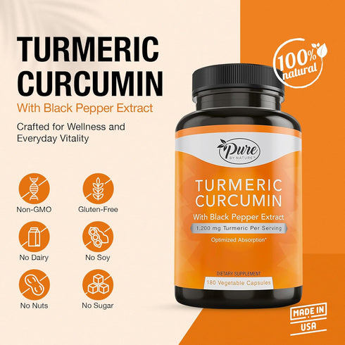 Pure By Nature Turmeric Curcumin with Black Pepper Extract - 1200 mg Capsules, 180 Count