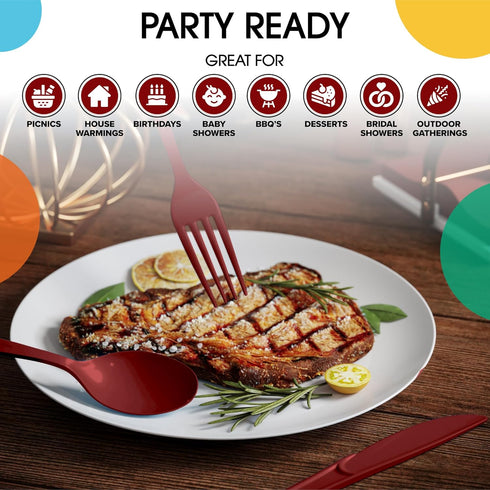 150 Pack Burgundy Plastic Cutlery Set, Heavy Duty Disposable Silverware, 50 Forks, 50 Spoons, 50 Knives for Party