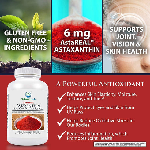 Nature's Lab AstaREAL Astaxanthin | 6mg Potent Antioxidants, 60 Capsules (2 Month Supply)