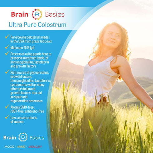 Brain Basics Ultra-Pure Colostrum, 4000mg per Serving, Min 25% IgG Antibodies, Gut-Brain-Immune Health, 120 Grams - 30