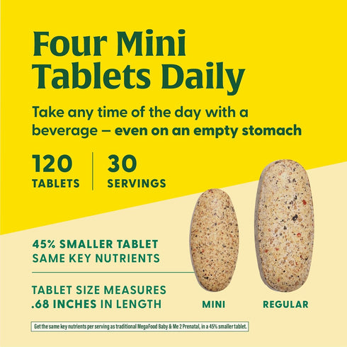 MegaFood Baby & Me 2 Prenatal Vitamin & Minerals - 120 Mini Tabs with Folate, Choline, Iron, Iodine