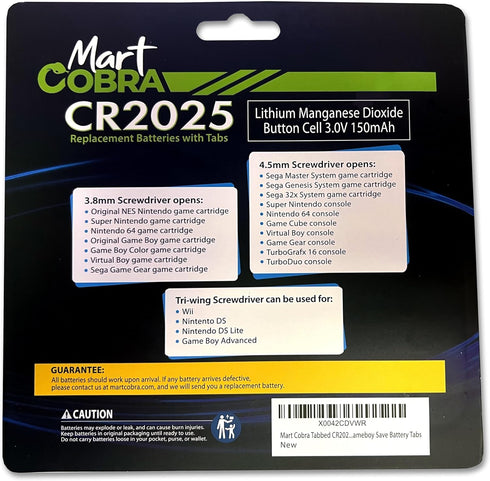 Mart Cobra CR 2025 Batteries with Solder Tabs 10-pack Gameboy Color Cartridge Battery CR2025 Battery Tabs Solder Color GBC CR2025 3v Lithium Battery CR2025 Replacement Battery Gameboy Save Battery