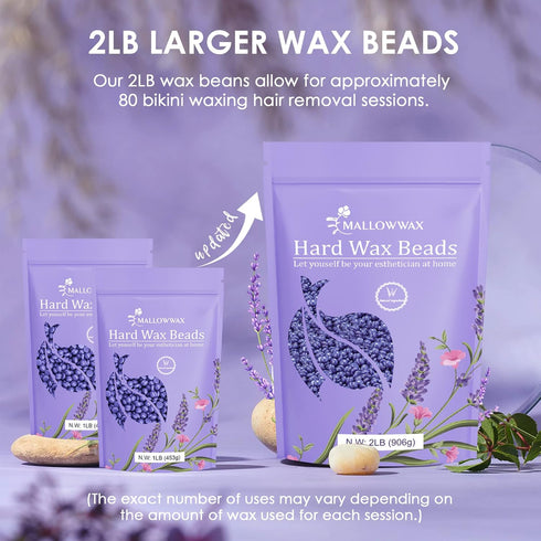 Lavender Wax Beads for Hair Removal, Natural Hypoallergenic Formula, 2LB Stripless Refillable for Sensitive Areas