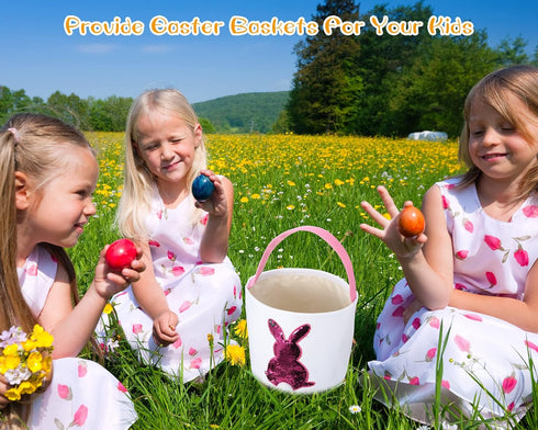 Saintrygo 6 Pieces Easter Bunny Basket Bags for Kids Canvas Easter Eggs Hunt Basket with Handle Gifts Bags Carrying