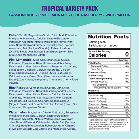 Pack, 20 Stickpacks Packets 6 Ultima Replenisher Daily Electrolyte Powder Tropical Variety Zero Sugar Hydration