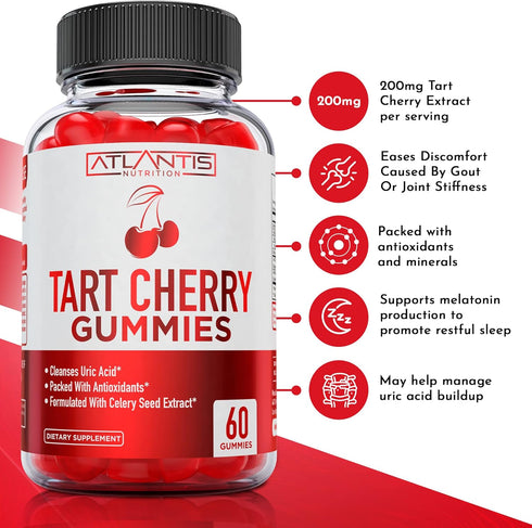Tart Cherry Gummies with Celery Seed Extract - Advanced Uric Acid Cleanse for Immediate Gout Relief. Powerful Antioxidant with Joint Support - 60 Gummies