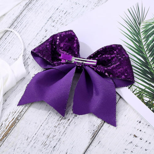 Large 7 Inch Glitter Bow Clip, Sequin Bling Party Hair Accessories for Women, Teens, Girls, Kids (Dark Purple)