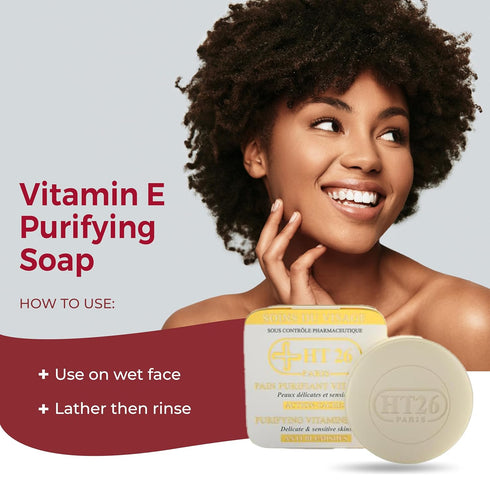 HT26 Purifying Soap Vitamined Bar for Melanin Rich Skin - Gentle Cleansing Vitamin E Soap with Castor Oil - 150g