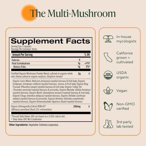 Om Master Blend Mushroom Capsules, Organic Supplement with 10 Mushrooms and Ashwagandha, 84 Count