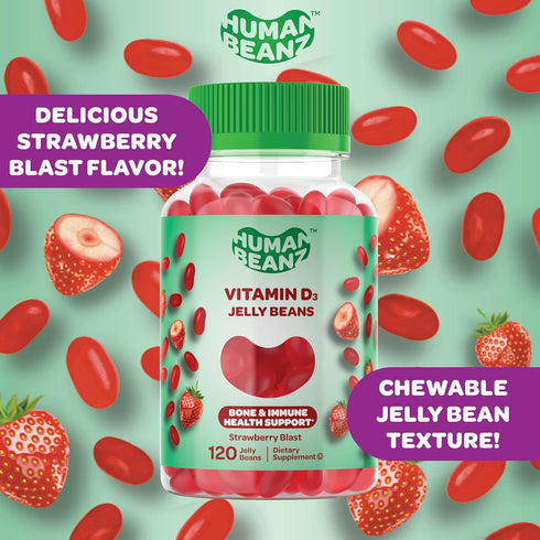 Vitamin D3 Jelly Bean Gummies for Adults, 2000 IU Vitamin D, Nutritional Vegetarian Supplements, 120 Strawberry Blast