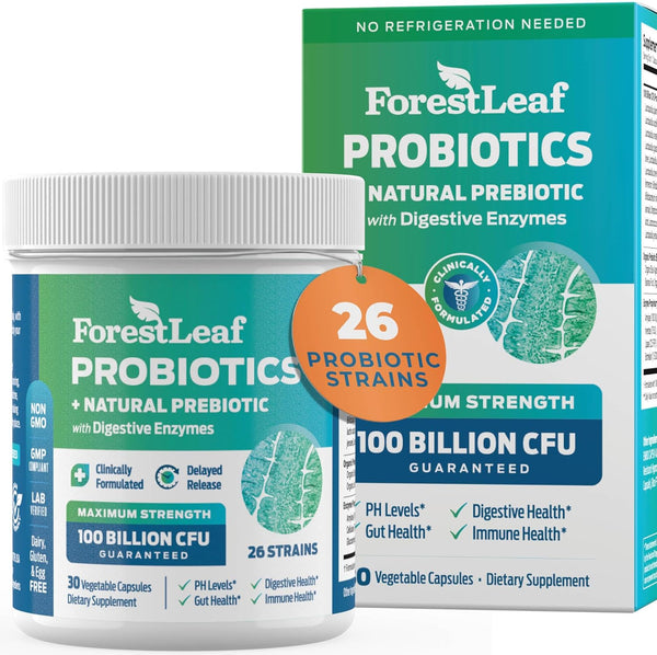 ForestLeaf Clinically Studied Probiotics - 100 Billion CFU, 26 Strains with Organic Prebiotic Blend, 30 Capsules