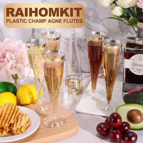 RAIHOMKIT 50 Pack 4.5 Oz Plastic Champagne Flutes Disposable, Gold Rim Champagne Glasses, Clear Disposable Champagnes